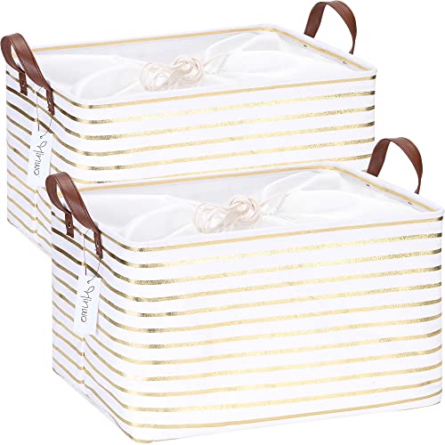 Hinwo 31L Large Storage Bins, 2-Pack Closet Organizers and Storage, Foldable Clothes Storage Baskets with Handles, Containers for Clothing, Blanket, Towels, Toys, Bedding (Gold Stripe) - color: Gold Stripe, size: 16.5" / 31L / 2-Pack