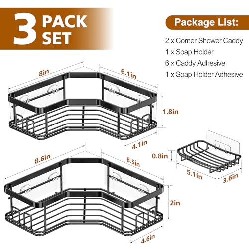 MAXIFFE 3 Pack Corner Shower Caddy with Soap Holder, Large Capacity Sturdy Easy Install No Drilling Stainless Steel Hold 40 LBS Shower Organizer Shelves Rack Storage for Family Renters Bathroom, Black - color: Black L