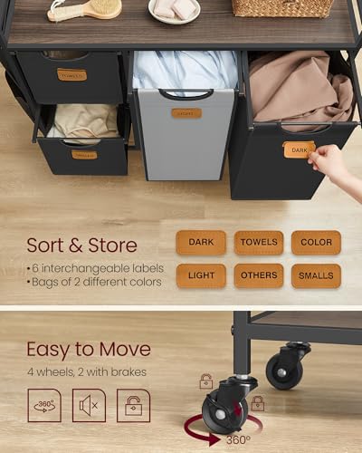 VASAGLE Laundry Hamper with 4 Compartments, 39.6 Gal. (150 L) Laundry Sorter, Rolling Laundry Cart with Shelves, Small Side Pockets, 6 Labels, Chestnut Brown, Ink Black and Dove Gray UBLH203B01 - color: Chestnut Brown + Ink Black + Dove Gray, size: 4 Bags