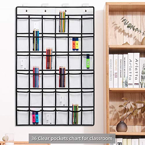 SAVERHO 2 Pack 36 Pockets Classroom Pocket Chart for Cell Phone Calculator Holder,Clear Pocket Chart Organizer for Classroom Cellphone Storage with 36 Number Sticker Size:38.5x25.7 Inch (White-2pack) - color: White-2pack of 36pockets