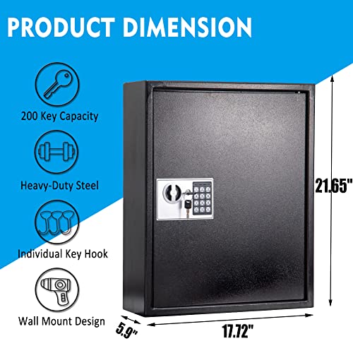 UMEKEN Key Box Wall Mount 200 Position Valet Digital Key Cabinet Lock Box with Code, Electronic Vehicle Key Holder Lockbox with Key Tags, Car Key Organizer Locker Box, Black - style: 200 KEY
