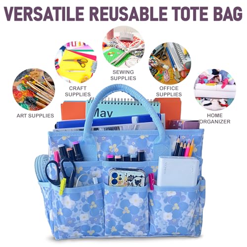 Cupohus Craft Organizer Tote Bag – Art Organizer, Craft Caddy with Multiple Pockets, Large Capacity Supply Storage Bag for Sewing, Knitting, Painting, and Travel（Blue Print） - color: Blue Flower
