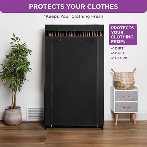 HOLDN’ STORAGE Portable Wardrobe Closet - 50 lb Capacity, Internal Heavy Duty Metal Rod, Zipper & Clear Window, Durable Clothes Organizer, Tool-Free Easy Assembly, Black Canvas Cover - color: Black, size: Medium