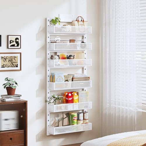 Pantry Door Organizers and Storage, 6-Tier Large Metal Heavy-Duty Frame Over the Door Spice Rack, 2 in 1 Wall-Mounted or Hanging shelf for Kitchen, Bathroom, Laundry Room, Bedroom, Closet &Nursery - color: White, size: 17.2"W-6 tier