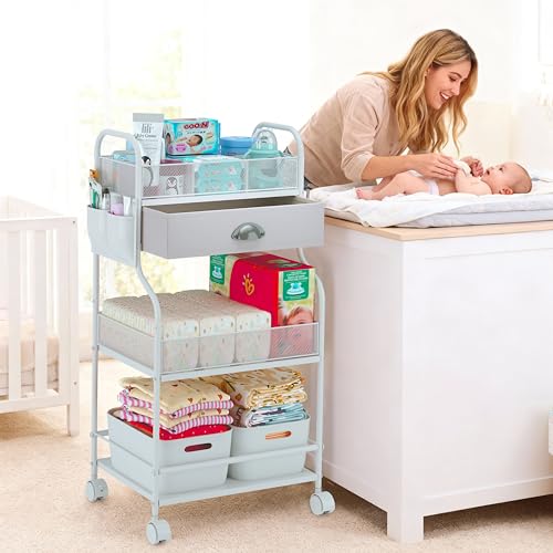 Baby Diaper Caddy Cart Organizer -3 Tier, Bedside Nursery Essentials Organizer & Storage Holder for Newborn Baby Stuff, 2+1 Dividers, 1 Drawer,Rolling Utility Cart for Bedroom,Changing Table, Crib. - color: White, size: 17"W*11.42"D*32.68"H