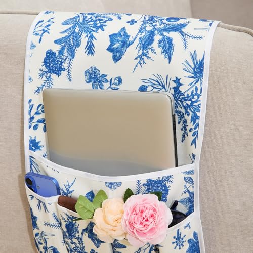 FLYILY Sofa Armrest Organizer Non-Slip Arm Chair Hanging Caddy Remote Control Holder for Magazine,Tablet, Phone, Books, Glasses(BlueFloral,13in) - color: BlueFloral, size: 35"x13"