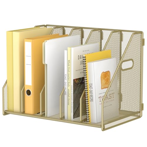 MINDEPOT Desk File Organizer Metal Desk Magazine Folder Holder with 5 Vertical Compartments Rack File Organizer for Office, Home, School (Gold) - color: Gold