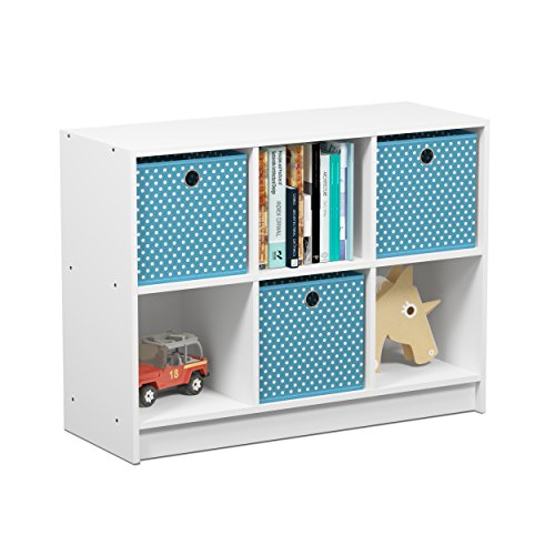 Furinno BASIC Book Shelf, 6-Cube Bookshelf with Open Shelf, 3 x 2 Bookcase with Storage Bins, Closed Back, Horizontal, 11.9 x 31.6 x 23.6, for Living Room, Bedroom, Home Office, White/Light Blue - color: White/Light Blue, size: 6-Cube with Bin