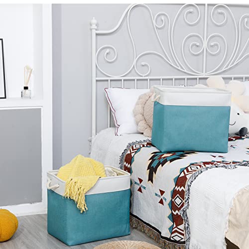 Bidtakay Storage Baskets Extra Large 17x12x15 In Teal Blue Nursery Toy Baskets Fabric Long Shelf Baskets for Organizing Set of 2 Linen Closet Bins for Shelves Decorative Blanket Basket Living Room - color: White&Teal, size: 2 Pack-XL-17x12x15 In