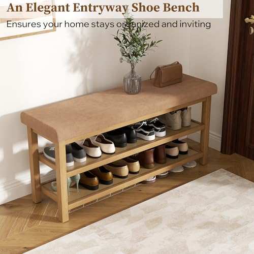 2 Tier Shoe Rack Bench with Cushion, Rubberwood Shoe Benches, Mid-Century Modern Shoe Storage Bench for Entryway, Hallway, Living Room, Closet, Front Door Entrance, Dark Brown - color: Dark Brown