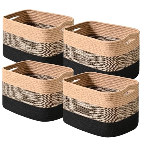 ICERZCZ Storage Baskets for Shelves Organizing, Woven Cotton Rope Baskets for Storage, Book Basket, Towel Basket, 12.5"Lx9.1''Wx7.9''H (4 Packs) Gradient Black & Jute - color: Gradient Black & Jute, size: 12.5"(l)×9.1"(w)×7.9"(h)