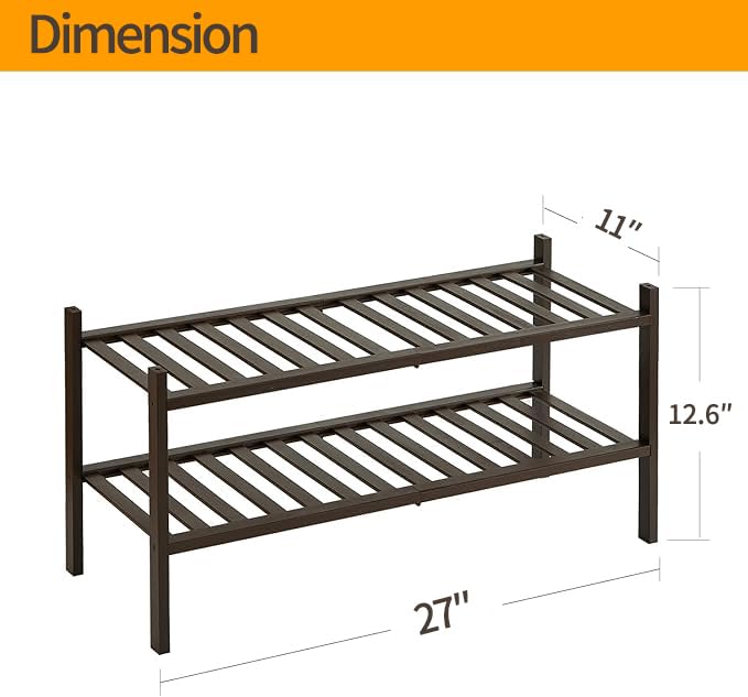 2-Tier Bamboo Shoe Rack for Entryway, Stackable | Heavy Duty | Multi-Function, Free Standing Shoe Racks for Bedroom Hallway Closet - color: Brown, size: 2-Tier-Standard