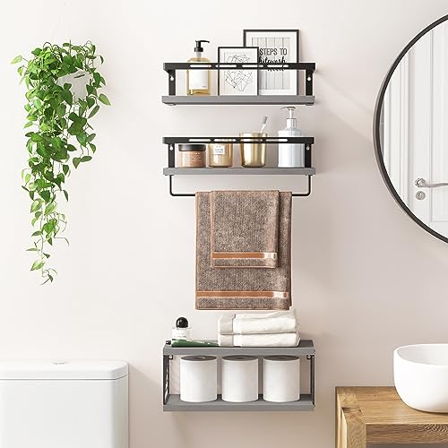 Fixwal 3+1 Tier Wall Mounted Bathroom Shelves Over Toilet, Rustic Wood Floating Shelves with Metal Frame and Towel Bar for Bathroom, Kitchen, Bedroom, Living Room (Gray) - color: 2-gray