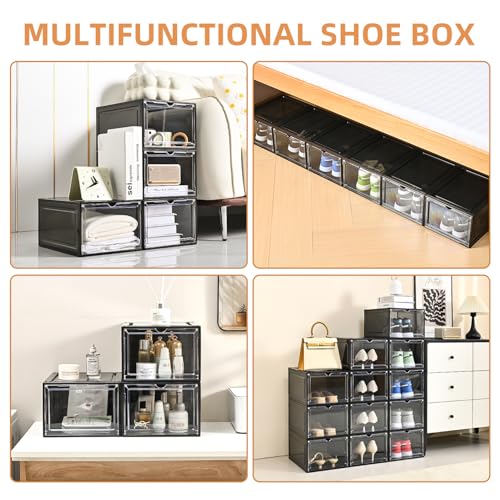 Large Shoe Boxes Clear Plastic Stackable，Drop Front Shoe Box with Clear Door, Shoe Containers For Sneaker Display,Fit up to US Size12 - color: black clear, size: 10 pack