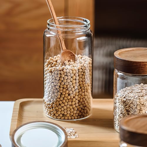 28 fl oz/850 ml Clear Glass Storage Canister with Airtight Wooden Screw Lid, Medium Cute Decorative Glass Container Jar for Coffee,Candy,Salt,Cookie,Condiment,Pepper,Sugar,Overnight Oatmeal