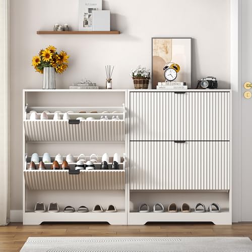 HUANLEGO Shoe Cabinet Storage for Entryway with 2 Flip Drawers, White Fluted Shoe Cabinet with Open Storage, Wooden Hidden Shoe Rack Freestanding Narrow Slim Shoes Organizer for Hallway, Entrance - color: White, size: 2 Drawer