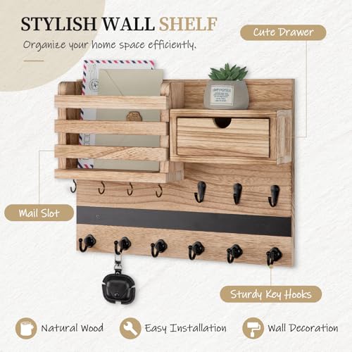 Nekon Key Holder Wall Mount, Rustic Mail and Keys Shelf for Wall Organization with 13 Hooks, Home Decor Accessory with Drawer, Wood - color: Wood
