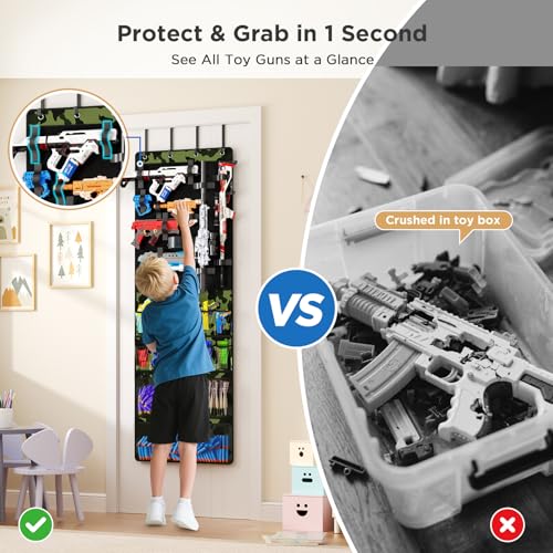 Mefirt Over the Door Organizer for Toy Guns, Toy Gun Storage Organizer with Pockets and Slots for Kids Foam Blasters, Darts, Goggles, Over Door Toy Storage Hanger for Kids Rooms, Game Rooms, Green - color: Green