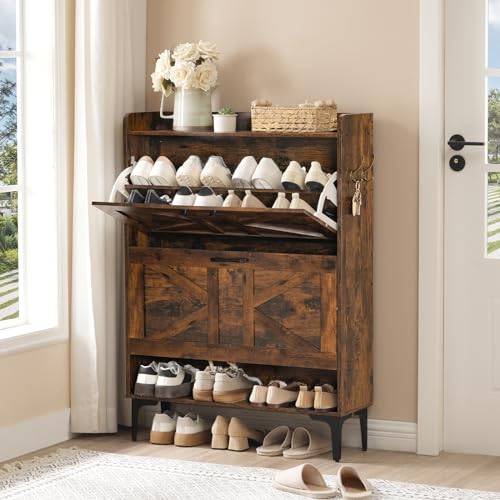 MAHANCRIS Shoe Storage Cabinet, Shoe Organizer with 2 Flip Drawers, Hidden Shoe Storage for Entryway, Freestanding Organizer with Open Storages, Rustic Brown SHHR9401N1 - color: Rustic Brown