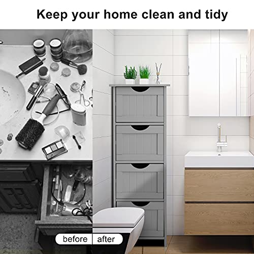 Bonnlo Skinny Bathroom Floor Storage Cabinet, 12 Inch Wide Deep Small Storage Organizer with 4 Drawers, Wooden Modern Grey Thin Free Standing Tower Cabinet w/ 4 Cute Drawers for Bathroom, Living Room - color: Grey