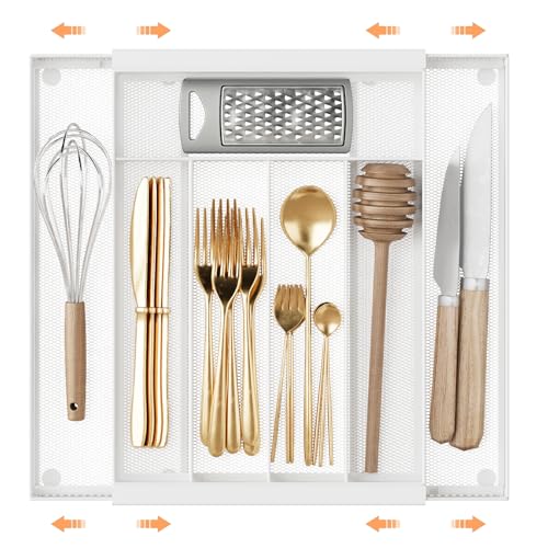 Sedegn Silverware Organizer Metal Mesh, Drawer Organizer, Utensil Cutlery Tray for kitchen drawers,Expandable Flatware Organizer with 7 Compartment White 9.6"~16.1" x 13.8" - color: White, size: Expandable 9.6"~16.1" x 13.8"
