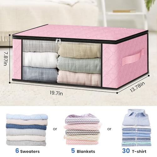 HomeHacks Storage 3-Pack Clothes Organizer Storage Bags Foldable Storage Box with Large Clear Window Sturdy Handles for Closet, Dorm, Pillows, Bedding, Clothes, Blankets, 35L, Pink - color: Pink