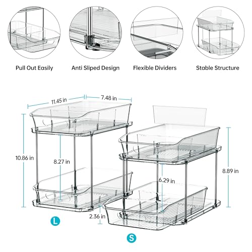 Delamu 2-Tier Under Sink Organizers and Storage, Multi-Purpose Stackable Bathroom Cabinet organizers, Pull Out Kitchen Pantry Organization and Storage with Dividers(2 Pack, Grey) - color: Grey, size: 2 Pack
