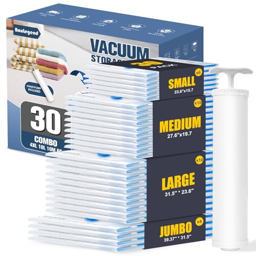 BoxLegend Vacuum Storage Bags with Large Hand Pump 30 Combo (4 Jumbo, 10 Large, 10 Medium, 6 Small) Thickened Vacuum Seal Bags for Clothing Space Saving for Clothes Pillow Comforters Bedding - size: 30 Combo