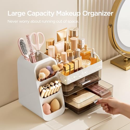 HBlife Makeup Organizer with Brush Holder for Vanity, Large Plastic Bathroom Countertop Organizer Skin Care Storage, Easy to Store Lipsticks, Nail Polishes, Perfumes, Eyeshadow Palettes, Pearl White - color: Pearl White, size: Large