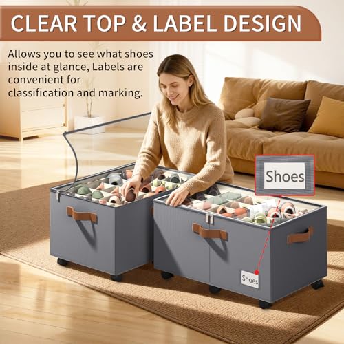 Foyego Shoe Organizer for Closet, Shoe Storage Organizer with Wheels and Adjustable Dividers, Stackable Shoe Storage Box with Clear Cover, Foldable Closet Shoe Organizer Fits up to 24-48 Pairs, Gray - color: Gray, size: 25 ½"L x 17"W x 12 ½"H