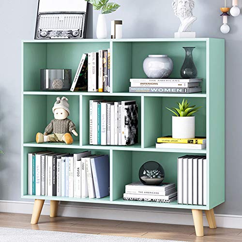 IOTXY Wooden Open Shelf Bookcase - 3-Tier Floor Standing Display Cabinet Rack with Legs, 7 Cubes Bookshelf, Tiffany-Green - color: Tiffany Green, size: 80CM