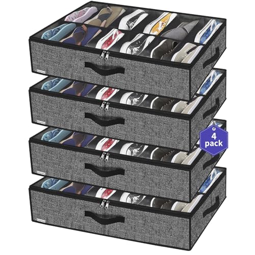 Onlyeasy Under Bed Shoe Storage Organizer For Closet, 4 Pack Fit 12x4 Pairs, Underbed Solution Shoes Container Bags with Sturdy Sidewall & Reinforced Handles, Breathable, Linen-like Black, MXAUBSB4P - color: Linen-like Black 4 Shoes (12+12 Cells)