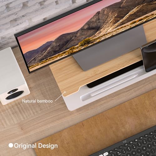 Computer Monitor Stand Riser, 16.5 Inch Wood Desk Shelf Storage Organizer with Phone Tablet Holder, White & Natural Bamboo - color: White & Natural Bamboo, size: 16.5 inch