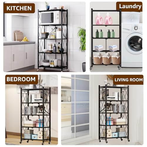 Heavy Duty 5-Tier Foldable Storage Shelf with Locking Wheels, No Assembly Metal Shelving Unit, Space-Saving Organizer for Garage, Kitchen, Basement, Pantry, 28" x 14" x 62", Black (1)