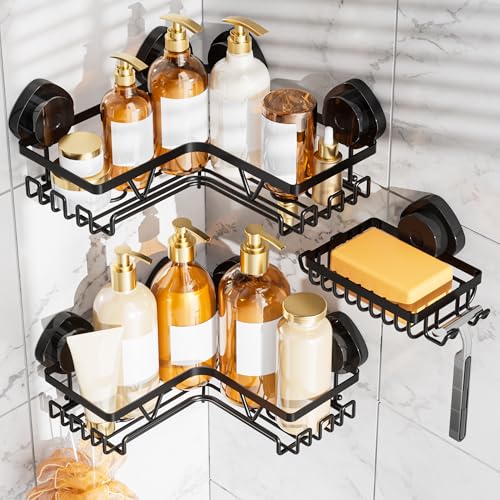 KEGII Corner Shower Caddy Suction Cup, Corner Shower Shelves with Soap Holder, No Drilling Suction Cup Bathroom Organizer with Hooks, Removable Bathroom Storage Rack, 3 Pack - Black