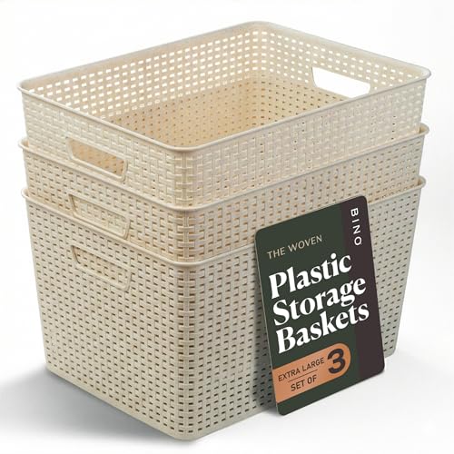 BINO | Plastic Storage Baskets, 33 Liter - 3 Pack, Natural | THE WOVEN COLLECTION | Storage Basket for Shelves | Woven Storage Baskets for Organizing Bins | Pantry Shelf Organizer | Container Bin - color: Natural, size: 33L | 3-Pack