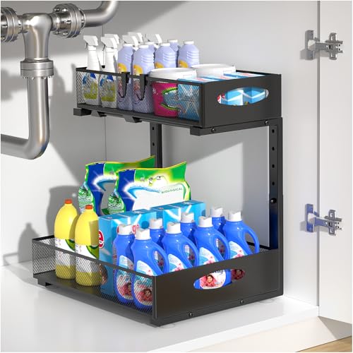 Housolution 1 Pack Large Under Sink Organizer, 2 Tier Metal Pull Out Under Sink Storage with Sliding Mesh Drawers, Height Adjustable Slide Out Under Cabinet Organizer for Kitchen Bathroom, Black - color: Black, size: 1 Pack, Large-12.2in Wide