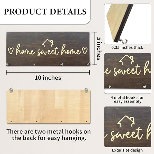 Sweet Home Wooden Key Holder for Wall - 5"x10" Key Organizer Hanger with 4 Hooks for Front Door Hallway Entryway Kitchen - Home Office Decor & Housewarming Gifts Supplies - A06 - color: Home Sweet Home