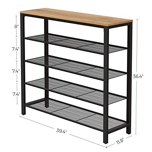 VASAGLE INDESTIC Shoe Rack, Shoe Organizer for Closet with 4 Mesh Shelves and Large Top for Bags, Entryway Hallway Shoe Shelf, Steel Frame, Industrial, Honey Brown and Black ULBS015B05 - color: Honey Brown, size: 5 Tiers (39.4"W)