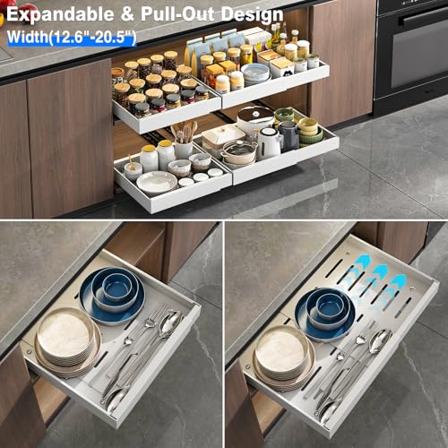 Mustorn 2 Pack Pull Out Cabinet Organizer, Expandable Slide Out Drawers for Kitchen Cabinets Peel and Stick Pullout Drawer Heavy Duty Sliding Shelves for Cupboard, Pantry, Bathroom(16.5" Deep, White) - color: White, size: 16.5"D*(12.6-20.5"W)*2.95"H