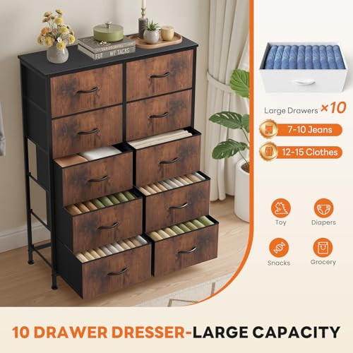 Sweetcrispy 10 Drawer Fabric Dresser Storage Tower with Bins, Tall Chest Organizer for Bedroom Closet Hallway, Steel Frame Wood Top Easy Pull Handles,Black-Brown - color: Black-brown(10 Drawer )
