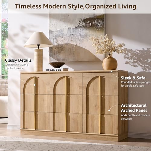 ACCOHOHO Arched Dresser for Bedroom with 9 Drawers, 52" Wide Modern Chest of Drawers with Rounded Edge & Metal Handles, Wood Storage Closet Dressers TV Stand for Living Room, Hallway, Natural Oak - color: Natural Oak, size: 15.6"D x 52"W x 32"H (9 Drawers
