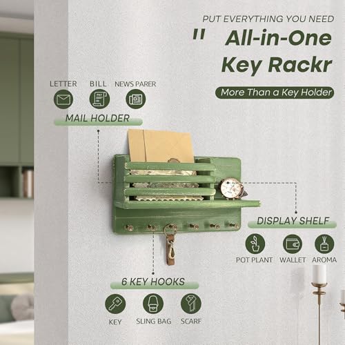 Rebee Vision Pine Wood Key Holder Wall Mount for Room Decor– 6 Hooks for Umbrella & Hats - Wooden Key Holder for Wall with Mail Slot Can Store Letters and Postcard (Green) - color: Green