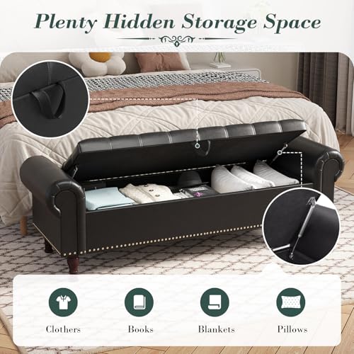 Apicizon 60” Bench with Storage, Queen Size Faux Leather End of Bed Bench with Tufted Button, Ottoman Bench with Rolled Arms & Vintage Rivets for Foot of Bed, Living Room, Entrance, Black - color: Black, size: 60 Inches