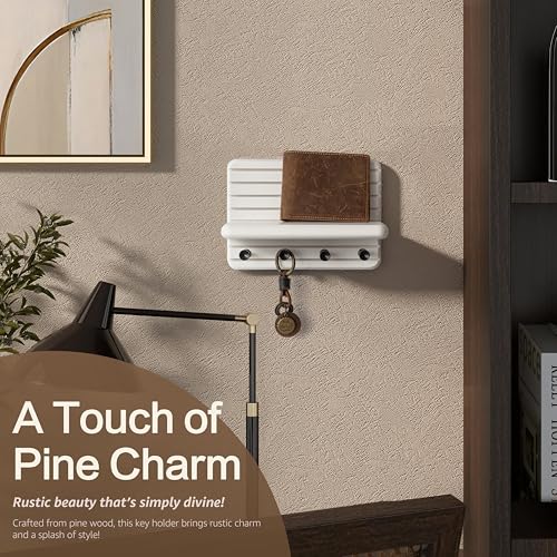 Rebee Vision Small Key Holder Wall Mount for Home Storage – Stylish 7-Inch Key Holder for Wall with 4 Hooks & Mini Floating Shelf - Beautify Your Entryway, Living Room, Bedroom Decor (White) - color: White, size: Small-7inch