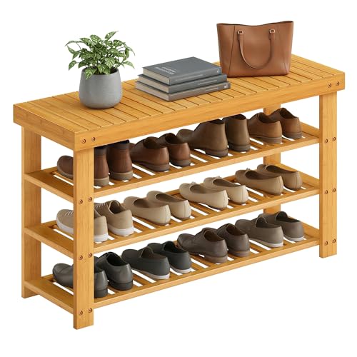 SONGMICS Shoe Rack Bench, 4 Tier Bamboo Shoe Storage Organizer, Entryway Bench, for Living Room, Bathroom, Bedroom, 11.3 x 35.2 x 20.5 Inches, Light Bamboo ULBS390YL01 - color: Light Bamboo, size: 11.3"D x 35.2"W x 20.5"H
