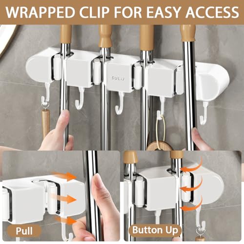 3PCS Broom Holder Wall Mount, No-Drilling Self-Adhesive Mop and Broom Storage Rack (4 Racks with 5 Hooks),Wall-Mounted Broom Hanger for Bathroom, Kitchen, Closet, Garage (White) - color: White