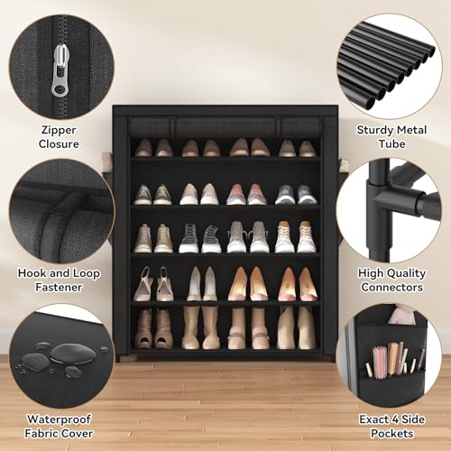 VILICK Shoe Rack with Cover, 5 Tier Shoe Organizer Storage for 20-24 Pair Shoes and Boots Large Shoe Storage Shelf Space Saving Vertical Shoe Rack for Closet, Front Door Entrance, Dorm, Garage - color: Black, size: 33.8"W-5 Tier