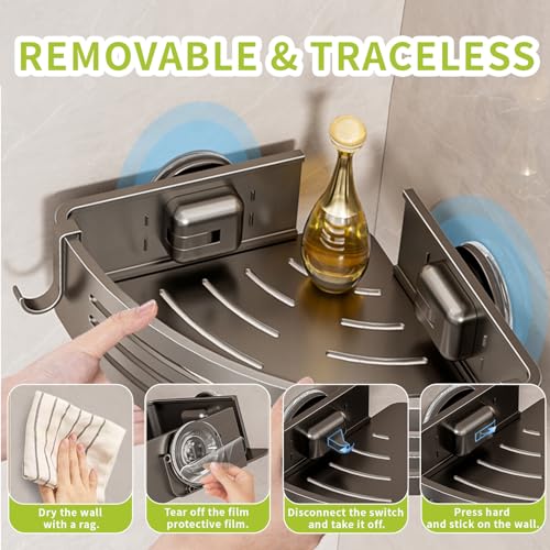 Shower Caddy Suction Cup, No Drilling Rustproof Bathroom Shower Shelf,Corner Shower Shelves with 6 Portable Hooks, Removable Bath Organizer with Towel Bar for Bathroom Hanging Storage - size: Triangular bathroom storage rack