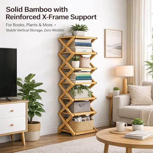 Foldable Shoe Rack, Bamboo Vertical Shoe Organizer Tall for Small Spaces. Multifunctional Narrow Shoe Shelf for Entryway, Closet, Corner, Bedroom, Hallway, Wood Color 7 Layers - size: 7th floor